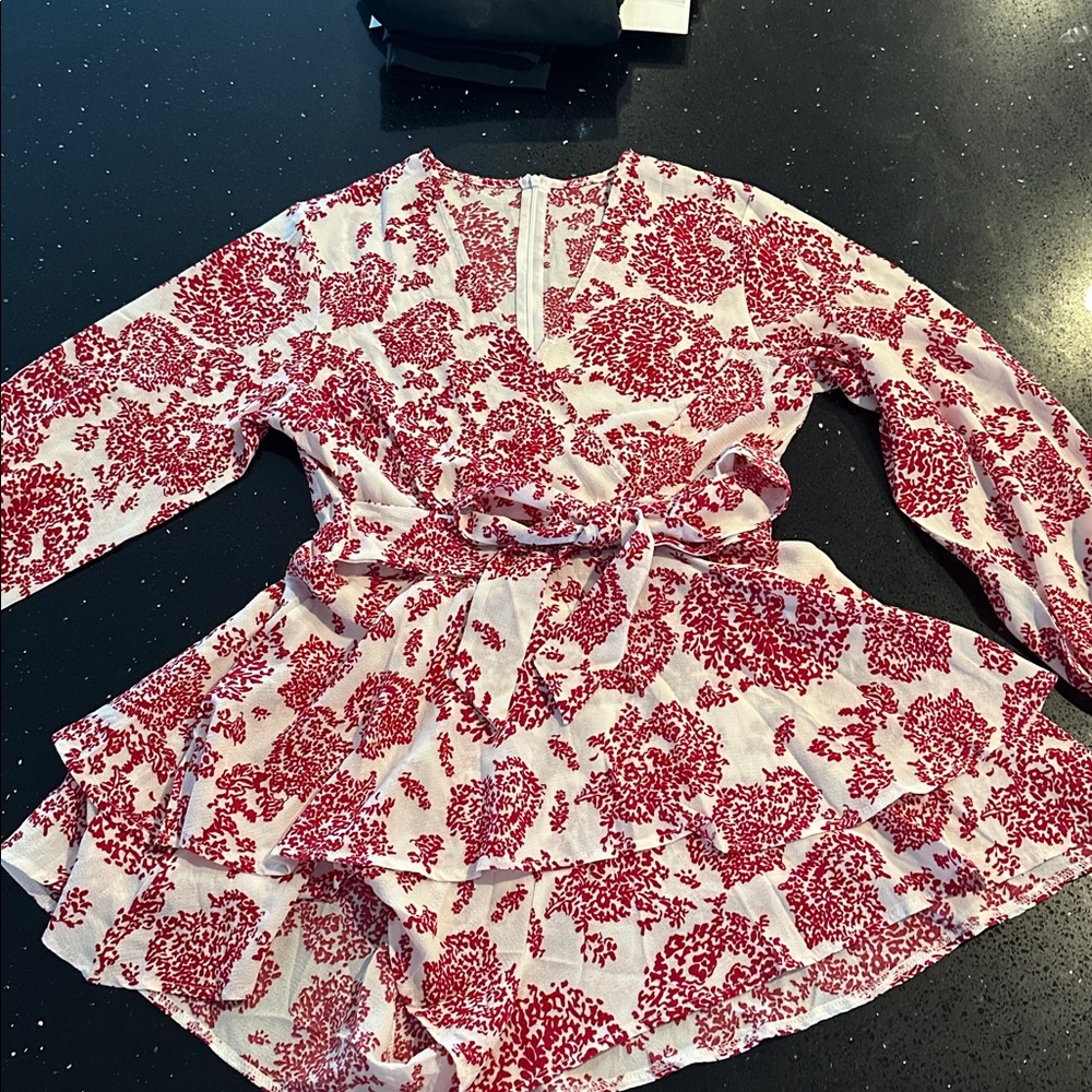 Red and White Floral Ruffle Romper